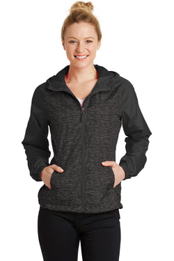 Sport-Tek® Ladies Heather Colorblock Raglan Hooded Wind Jacket. LST40