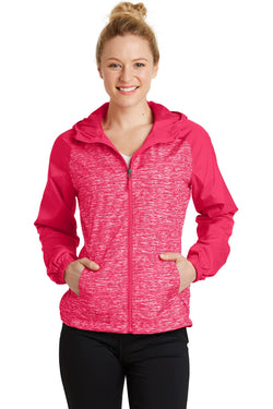 Sport-Tek® Ladies Heather Colorblock Raglan Hooded Wind Jacket. LST40